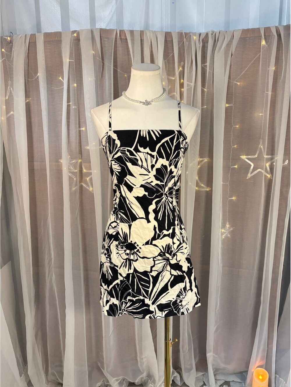 GAP Linen Blend Floral Mini Dress XXS Black White Tropical Strappy NWT Resort - Picture 2 of 8